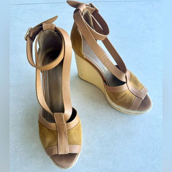 Hermes Shoes - Hermes Tan Suede and Leather Wooden Wedge Ibiza Sandals size 38
